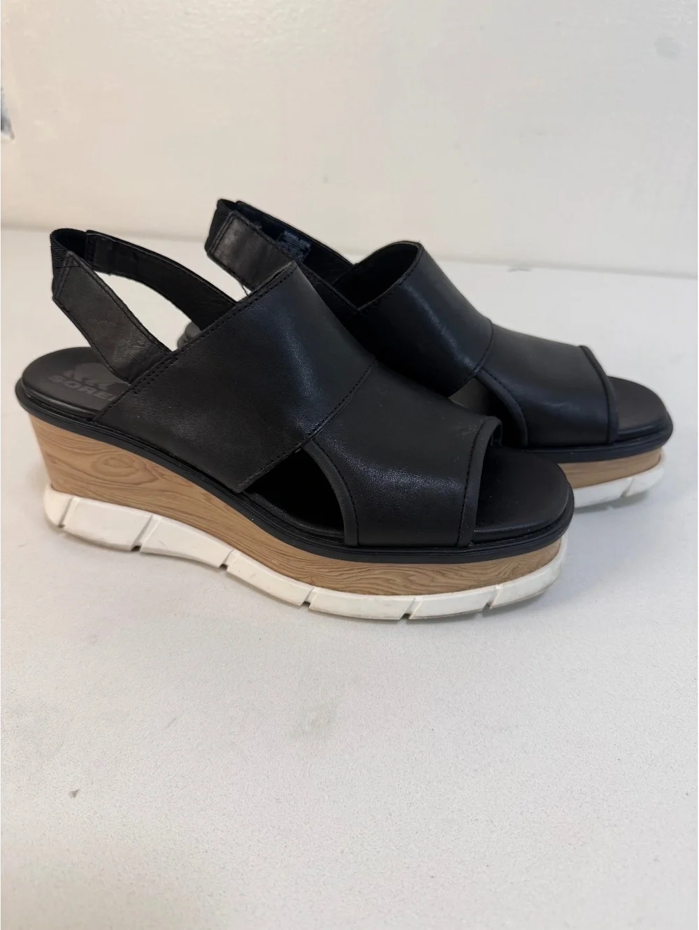 Sorel Women's Black Wedge Sandals with Wood-Effect Platform 9/9.5